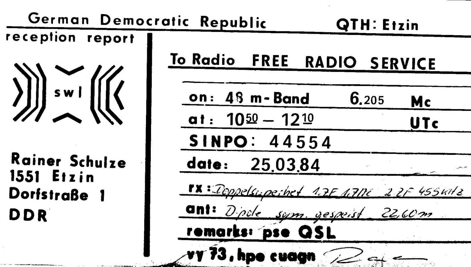 QSL_RainerSchulze_25March1984